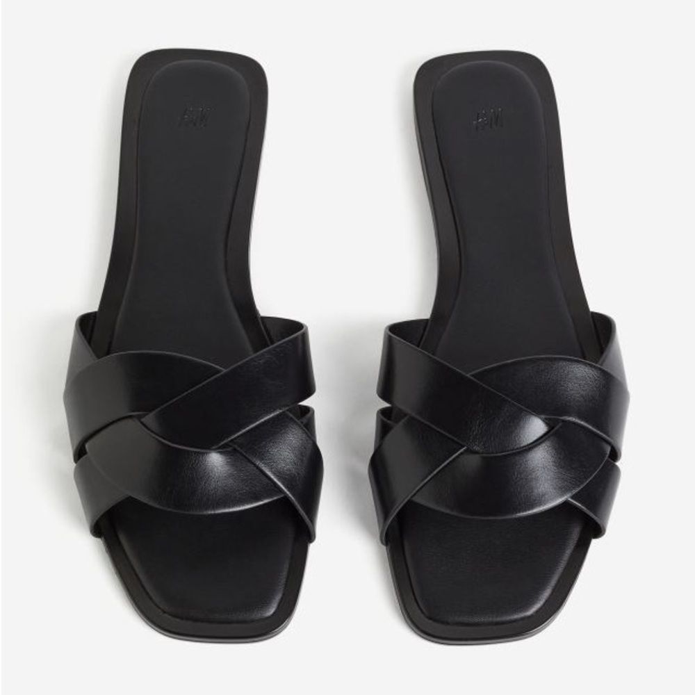 H&M Braided Sandals Black Faux Leather Flip Flop Slide Size 8 (39)